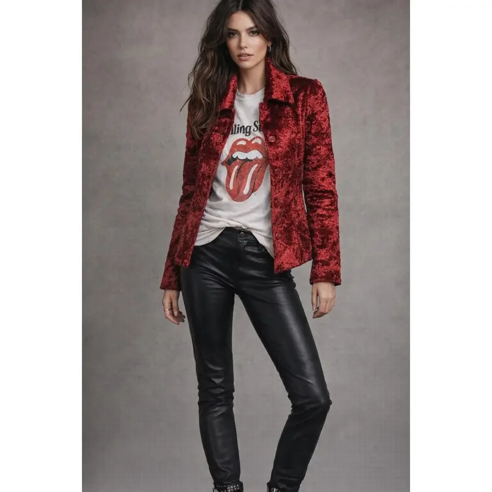 European Boutique Cherry Red Plush Velvet Blazer EU 42 - Picture 4 of 14